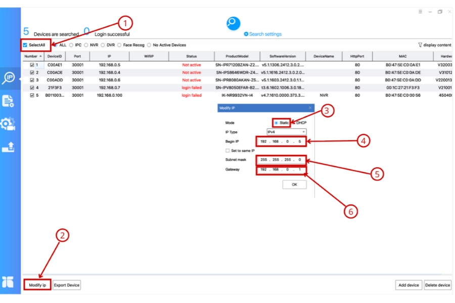Công cụ dò IP liệt kê các thiết bị trong mạng cùng địa chỉ IP, và hộp Modify IP để đặt địa chỉ tĩnh (Static)