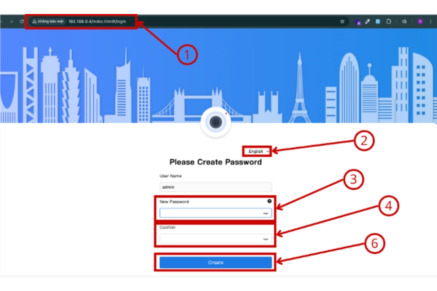 Màn hình Please Create Password tạo mật khẩu cho tài khoản admin trong lần đăng nhập đầu tiên