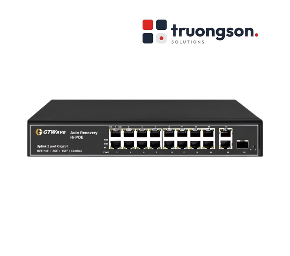 Switch PoE 16 cổng RJ45 100Mbps + 2 Combo Uplink GTWave Non-China, chuẩn NDAA GTW-P16F2