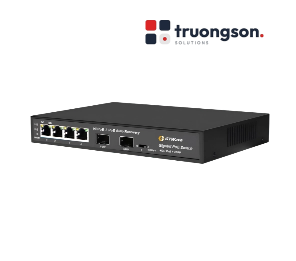 Switch PoE 4 Cổng RJ45 + 2 Cổng Quang SFP, Hi-PoE GTWave Non-China chuẩn NDAA GTW-P04H2