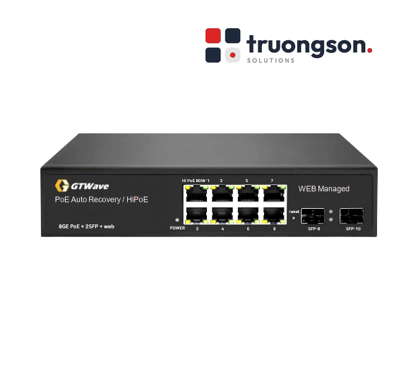 Switch PoE 8 Cổng RJ45 + 2 Cổng Quang SFP, Lite managed GTWave Non-China, chuẩn NDAA GTW-P08N2