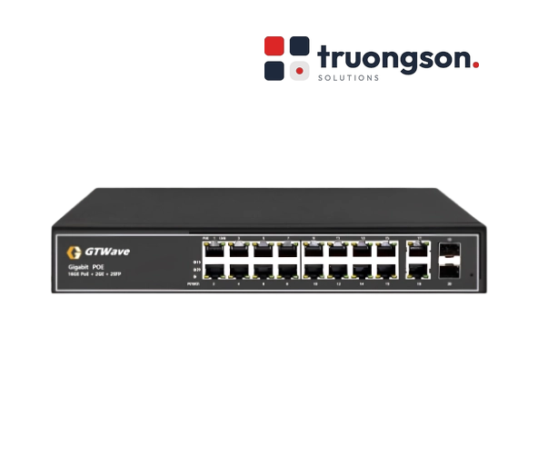 Switch PoE 16 Cổng RJ45 + 2 Cổng Quang SFP, Unmanaged GTWave Non-China chuẩn NDAA GTW-P16U2