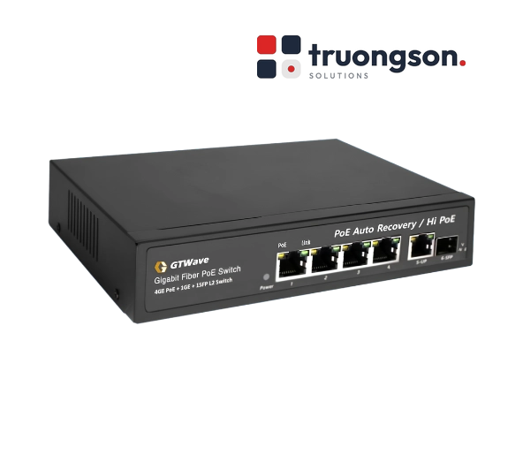 Switch PoE 4 Cổng RJ45 + 1 Cổng Quang SFP, Hi-PoE GTWave Non-China, đạt NDAA GTW-P04H1