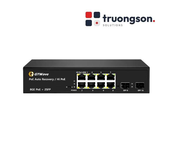 Switch PoE 8 Cổng RJ45 + 2 Cổng Quang SFP, Hi-PoE GTWave Non-China, chuẩn NDAA GTW-P08H2