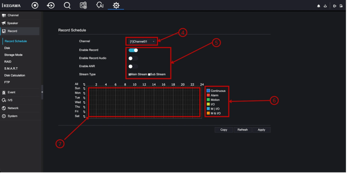Chọn kênh, bật Enable Record, chọn Stream Type và xem bảng màu các kiểu ghi