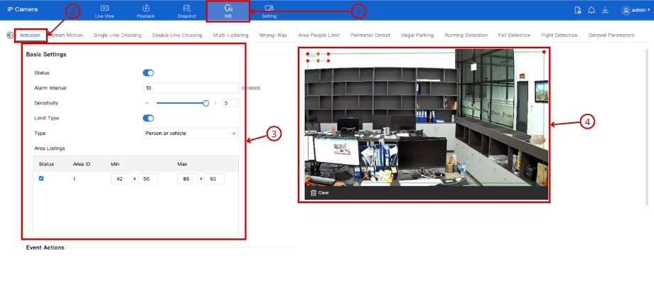 Mở quy tắc Intrusion và thiết lập Basic Settings, vẽ vùng cấm trên khung hình live