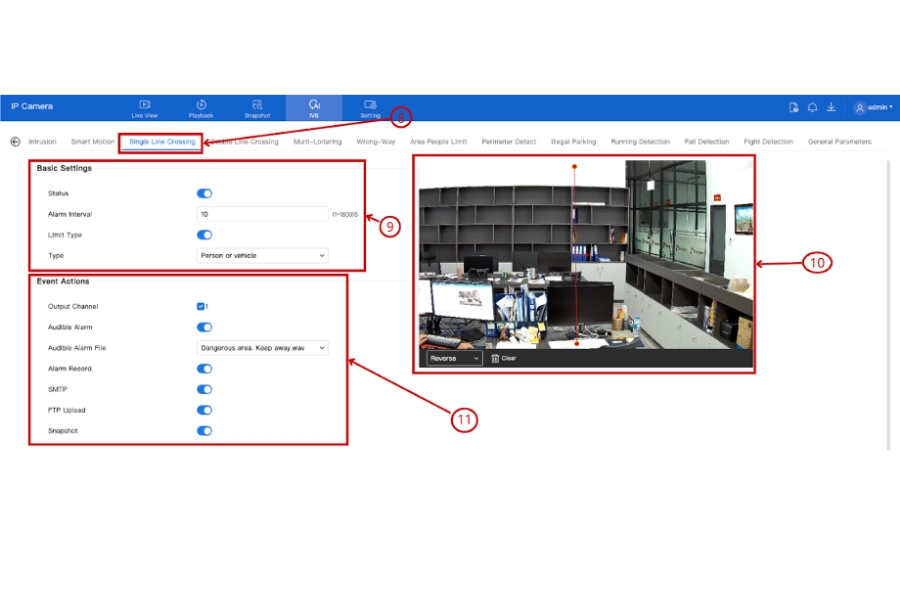 Mở tab Single Line Crossing, thiết lập Basic Settings, kẻ vạch trên khung hình và chọn Event Actions